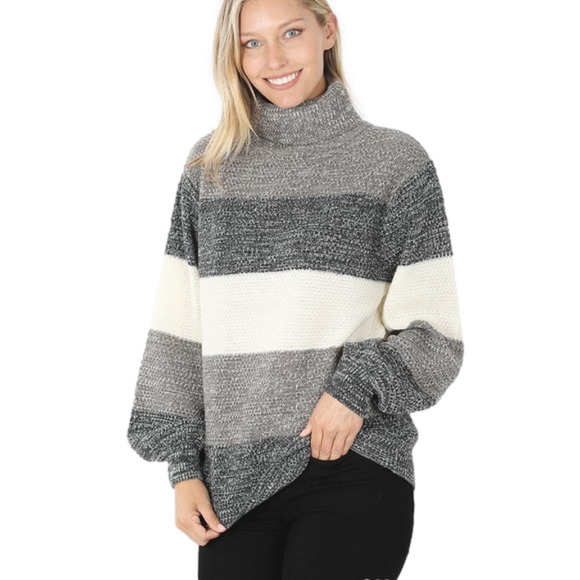 NWOT‎ Color Block Cable Knit Turtle Neck Sweater Black/Gray/White size XL - Picture 1 of 5